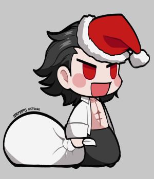 1boy :d abs absurdres bag black_hair black_pants blush_stickers chibi christmas hair_slicked_back hat highres holding holding_bag meme michael_roa_valdamjong open_clothes open_mouth open_shirt padoru_(meme) pants pectorals red_eyes santa_hat smile tsukihime tsukihime_(remake) yamapollo