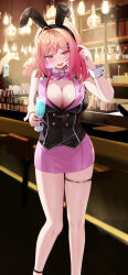 Rule 34 | 1girl, absurdres, ahoge, akuame (ring3922), alternate costume, animal ears, bar (place), black vest, blush, breasts, bunny garden, buttons, cleavage, cocktail glass, collar, commentary request, cup, detached collar, double-breasted, drinking glass, fake animal ears, hair ornament, hairclip, hairpin, highres, holding, holding cup, hololive, hololive dev is, ichijou ririka, indoors, large breasts, leotard, long hair, looking at viewer, open mouth, orange eyes, orange hair, pink eyes, pink hair, playboy bunny, rabbit ears, short hair, smile, solo, standing, thigh strap, vest, virtual youtuber, white collar, white wrist cuffs, wine glass, wrist cuffs