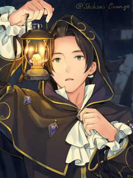 1boy ascot black_cloak blue_eyes blurry blurry_background brown_hair cloak commentary_request cyrus_albright gem gold_trim hair_ribbon holding holding_lantern hood hood_up lantern long_sleeves looking_ahead male_focus octopath_traveler octopath_traveler_i open_mouth parted_bangs purple_gemstone ribbon shikimiorange solo twitter_username upper_body white_ascot white_ribbon