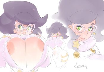 breasts doxy dress glasses huge_breasts lips long_hair long_sleeves looking_at_viewer nintendo nipples open_mouth pink-framed_eyewear pokemon pokemon_sm purple_hair purple_sweater simple_background sleeves_past_wrists smile standing sweater upper_body white_background white_dress wicke_(pokemon)