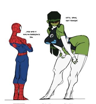 1boy 1girl :&lt; blush english_text fantastic_four flirting green_hair green_skirt height_difference highres jennifer_walters leaning_forward marvel she-hulk simple_background skirt t1tans90 tagme talking tall_female thighhighs white_background white_thighhighs