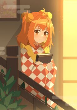 1girl absurdres apron bell blush book checkered_clothes checkered_kimono chinese_commentary closed_mouth commentary_request egasumi green_skirt hair_bell hair_ornament highres holding holding_book japanese_clothes kimono long_sleeves looking_at_viewer motoori_kosuzu multi-source_commentary sdftehn skirt solo touhou two_side_up wide_sleeves yellow_apron