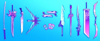 absurdres aris_roth artist_name blazefire_saber blue_background bow_(weapon) brave_blade buster_sword card commentary crossbow double_blade engine_blade english_commentary final_fantasy final_fantasy_ix final_fantasy_type-0 final_fantasy_v final_fantasy_vii final_fantasy_viii final_fantasy_x final_fantasy_x-2 final_fantasy_xiii final_fantasy_xiii-2 final_fantasy_xv gun gunblade handgun highres in-franchise_crossover katana mage_masher masamune_(ff7) no_humans playing_card shadow starseeker_(ff13-2) stitched sword third-party_edit tiny_bee_(ff10-2) weapon weapon_focus