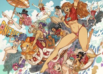 6+girls ^_^ animal_ears arm_up bikini black_hair blonde_hair blue_eyes blue_hair boa_hancock carrot_(one_piece) child closed_eyes club club_(weapon) commentary crop_top dannymans66 english_commentary fish glasses going_merry hair_over_one_eye hakama headphones highres holding holding_weapon japanese_clothes jewelry_bonney kanabou koala_(one_piece) kurozumi_tama long_hair mansherry medium_hair multiple_girls nami_(one_piece) nefertari_vivi nico_robin ocean one_piece open_mouth orange_hair outdoors perona pink_hair ponytail purple_hair rabbit_ears rebecca_(one_piece) red_hakama shirahoshi smile sugar_(one_piece) swimsuit tashigi thousand_sunny twitter_username ulti_(one_piece) vinsmoke_reiju watch weapon white_hair wristwatch yamato_(one_piece) zeus_(one_piece)