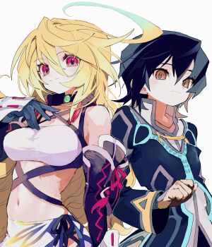 1boy 1girl absurdres ahoge bare_shoulders black_hair blonde_hair breasts brown_eyes brown_gloves choker closed_mouth gloves gradient_hair hair_between_eyes hand_on_own_chest hashtag-only_commentary highres jude_mathis long_hair medium_breasts midriff milla_maxwell multicolored_hair nancykittyu navel red_eyes short_hair simple_background skirt smile strapless tales_of_(series) tales_of_xillia upper_body white_background