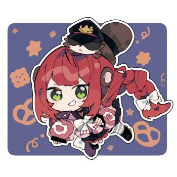 1girl animal animal_on_head black_hat black_sailor_collar blue_background border braid braided_twintails byako_(srktn) cardigan chest_bow chibi chibi_only commentary_request food full_body green_eyes grin hair_ornament hair_ribbon hat hearing_aid highres kamanosuke_(zenless_zone_zero) long_hair looking_at_viewer on_head outline pastry pink_cardigan raccoon red_hair ribbon sailor_collar smile sphere_hair_ornament striped_clothes striped_thighhighs tanuki thighhighs ukinami_yuzuha v-shaped_eyebrows white_border white_outline white_ribbon zenless_zone_zero