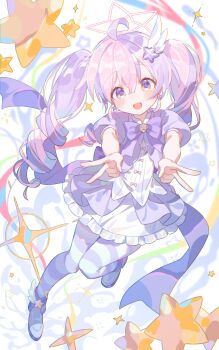 1girl :d absurdres ahoge back_bow blue_archive blush bow bowtie byyy_(user_xgka2437) chinese_commentary chromatic_aberration commentary_request double-parted_bangs double_v drill_hair earrings frilled_skirt frills full_body hair_between_eyes hair_ornament halo head_tilt highres jacket jewelry knees_together_feet_apart leg_up long_hair looking_at_viewer magical_girl making-of_available multicolored_eyes multicolored_hair no_gloves official_alternate_costume official_alternate_hairstyle open_mouth outstretched_arms pantyhose pink_bow pink_hair pink_halo puffy_short_sleeves puffy_sleeves purple_bow purple_bowtie purple_eyes purple_hair purple_jacket purple_pantyhose purple_shoes reisa_(blue_archive) reisa_(magical)_(blue_archive) shirt shoes short_sleeves skirt smile solo sparkle star_(symbol) star_earrings star_hair_ornament star_halo striped_clothes striped_pantyhose twin_drills twintails two-tone_eyes two-tone_hair v white_background white_shirt white_skirt wing_hair_ornament winged_shoes wings yellow_eyes