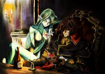 Rule 34 | 1970s (style), 1boy, 1girl, 2727hiroemon, alcohol, alien, arm on another's shoulder, arrow print, black cape, black cloak, black jacket, black polka dots, black shirt, black vest, blue skin, blush, bodysuit, bottle, breasts, brown gloves, brown hair, candle, candle wax, candlelight, candlestand, cape, cloak, colored skin, cup, dress, drinking glass, drunk, dutch angle, earrings, elf, enjoying company, expressionless, eyepatch, facial scar, floating hair, full body, gloves, glowing, glowing eye, glowing eyes, gold bangle, gold earrings, green dress, green eyes, green hair, green jacket, harlock, harlock saga, high collar, jacket, jewelry, jolly roger, leather chair, light blush, light smile, long hair, matsumoto leiji (style), medium breasts, miime, military jacket, military uniform, necklace, night, oldschool, on throne, one eye closed, one eye covered, pillar, pirate, pirate costume, planet, pointy ears, realistic, red jacket, red wine, redesign, retro artstyle, ringed eyes, royal navy, sailor, scar, scar on cheek, scar on face, scar on nose, science fiction, see-through clothes, see-through dress, serious, ship captain, shirt, silk, simple background, sitting, sitting on throne, skull and crossbones, skull necklace, skull ornament, smile, space, stone pillar, sweater, throne, turtleneck, turtleneck bodysuit, turtleneck sweater, uchuu kaizoku captain harlock, unusually open eyes, upper body, very long hair, vest, white background, white skin, wine, wine bottle, wine glass, yellow eyes