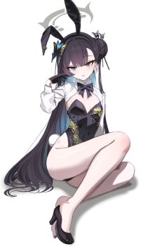 1girl adapted_costume animal_ear_hairband animal_ears black_bow black_bowtie black_hair black_hairband black_leotard black_nails black_shoes blue_archive blue_hair bow bowtie braid breasts bun_with_braided_base butterfly_hair_ornament collared_shrug colored_inner_hair commentary dragon_print fake_animal_ears fake_tail full_body gangbyeon grey_eyes grey_halo hair_bun hair_ornament hairband halo high_heels highleg highleg_leotard highres kisaki_(blue_archive) leotard long_hair long_sleeves looking_at_viewer multicolored_hair nontraditional_playboy_bunny parted_lips playboy_bunny print_leotard rabbit_ear_hairband rabbit_ears rabbit_tail shoes shrug_(clothing) single_bare_foot single_shoe single_side_bun small_breasts smile solo symbol-only_commentary tail toenails very_long_hair white_shrug