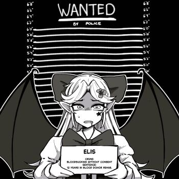 1girl absurdres bat_wings bow character_name elis_(touhou) english_text facial_mark fang flower greyscale hair_bow hair_flower hair_ornament hayoibu height_chart height_mark highres holding holding_sign long_hair long_sleeves looking_at_viewer monochrome mugshot open_mouth pointy_ears shirt sign solo star_(symbol) star_facial_mark sweatdrop touhou touhou_(pc-98) upper_body wings