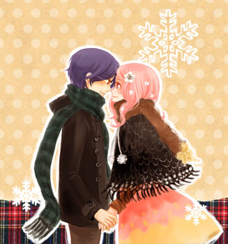 Rule 34 | 00s, 1boy, 1girl, blue hair, cecily, couple, digimon, digimon adventure 02, dress, eye contact, flower, fringe trim, glasses, hair flower, hair ornament, holding hands, hetero, jacket, kido jo, looking at another, pink hair, scarf, shawl, short cape, snowflakes, tachikawa mimi