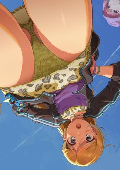 2girls absurdres ahoge amatsu_amaguri angry animal_print black_jacket blonde_hair blue_eyes blue_sky bracelet breasts character_charm charm_(object) cleavage collarbone contrail cowboy_shot crotch_seam day dress earclip earrings floral_print floral_print_panties fujimoto_rina grimace hair_behind_ear hands_on_own_hips heart heart_earrings heart_necklace highres idolmaster idolmaster_cinderella_girls jacket jewelry leopard_print leopard_print_clothes long_hair long_sleeves looking_at_viewer looking_down medium_breasts multiple_girls necklace open_clothes open_jacket open_mouth out_of_frame panties pantyshot parted_bangs pink_eyes pink_hair print_panties purple_shirt raised_inner_eyebrows shirt short_dress short_hair sky solo_focus standing sunlight teeth track_jacket underwear upper_teeth_only upskirt v-shaped_eyebrows wedgie worried yellow_dress yellow_panties yumemi_riamu zipper zipper_dress zipper_pull_tab