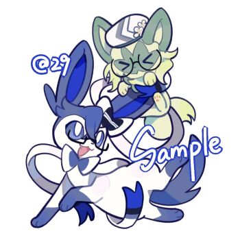 Rule 34 | > <, alternate color, alternate shiny pokemon, animal focus, baby animal, blue sclera, cat, chinese commentary, closed eyes, colored sclera, commentary request, commission, erjiusanshi, gen 6 pokemon, glasses, green fur, hat, kitten, nintendo, no humans, original, pokemon, pokemon (creature), pokemon focus, round eyewear, sample watermark, simple background, sprigatito, sylveon, watermark, white background, white eyes, white hat