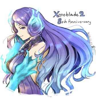 Rule 34 | 1girl, anniversary, blue hair, breasts, brighid (xenoblade), closed mouth, commentary, copyright name, dress, english commentary, eyelashes, fiery hair, floating hair, from side, gradient hair, highres, large breasts, lemonborb, long hair, looking at viewer, multicolored hair, purple dress, purple eyes, purple hair, smile, solo, two-tone hair, unusually open eyes, white background, xenoblade chronicles (series), xenoblade chronicles 2