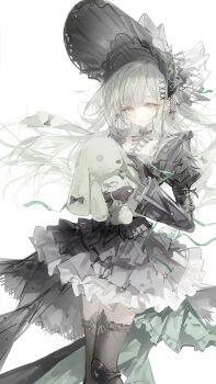 Rule 34 | 1girl, absurdres, arknights, bang dream!, bang dream! it's mygo!!!!!, black bonnet, black dress, black gloves, black thighhighs, bonnet, closed mouth, commentary, dress, gloves, green hair, hair ornament, highres, long hair, looking at viewer, luozhou pile, sidelocks, simple background, solo, stuffed animal, stuffed rabbit, stuffed toy, thighhighs, wakaba mutsumi, wakaba mutsumi (marionette's id), white background, x hair ornament, yellow eyes, zettai ryouiki
