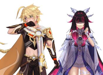 1boy 1girl abs absurdres aether_(genshin_impact) ahoge angel_wings_hair_ornament arm_up armor bare_shoulders black_hair closed_eyes columbina_(genshin_impact) commentary crescent dress english_commentary genshin_impact gloves highres holding_hands kaiel_(artist) legband long_hair looking_to_the_side midriff multicolored_hair pink_hair short_hair shoulder_armor simple_background smile yellow_eyes