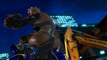 1girl 3d ass bodypaint braid braided_ponytail breasts dark-skinned_female dark_skin dolores_(kof) dress female_focus from_behind glasses gold green_eyes heel_up highres jewelry large_breasts long_hair long_sleeves looking_back multicolored_hair outdoors panties purple_hair round_eyewear the_king_of_fighters thighs two-tone_hair underwear white_hair