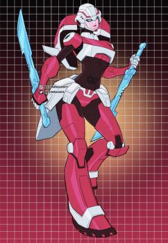 1girl arcee backpack bag blue_eyes breasts helmet highres humanoid_robot kevin_raganit medium_breasts panties pink_lips pink_panties robot robot_girl solo sword transformers transformers_animated underwear weapon