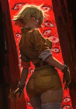 1girl antsiart blonde_hair hellsing highres military_uniform red_eyes seras_victoria shirt solo spiked_hair taut_clothes taut_shirt tight_clothes tight_shirt