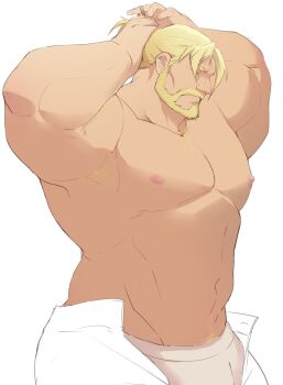 1boy abs bara beard bulge_peek connected_beard facial_hair from_side full_beard guile guran_(underguran) highres huge_pectorals male_focus male_underwear male_underwear_peek mature_male muscular muscular_male nipples official_alternate_hairstyle open_pants pants pectorals profile solo street_fighter street_fighter_6 thick_eyebrows topless_male tying_hair underwear unfinished white_background white_male_underwear