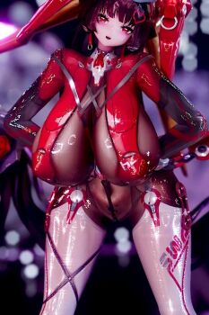 3d black_hair black_pantyhose bodysuit breasts chi_ming_3d game_cg huge_breasts latex non-web_source original pantyhose red_eyes solo