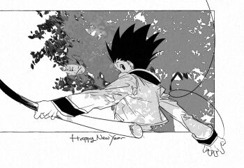 1boy border commentary_request english_text fishing_rod gon_freecss happy_new_year highres holding holding_fishing_rod hunter_x_hunter jacket konao43965 long_sleeves looking_at_viewer male_focus new_year outside_border short_hair solo upper_body white_border