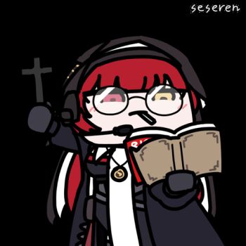 1girl animated animated_gif arm_up artist_name book candy cross erika_(neural_cloud) food food_in_mouth girls'_frontline girls'_frontline_neural_cloud glasses habit headset heterochromia holding holding_book holding_cross latin_cross lollipop long_hair looping_animation lowres microphone mouth_hold nun red_eyes red_hair seseren solo transparent_background yellow_eyes