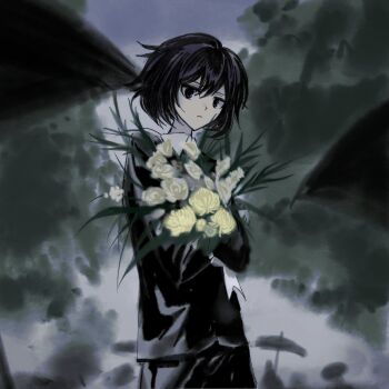 1other alternate_costume androgynous bird black_coat black_eyes black_hair bouquet chinese_commentary closed_mouth cloud cloudy_sky coat collared_shirt commentary commentary_request cowboy_shot day dot_nose english_commentary expressionless flower hair_between_eyes highres holding holding_bouquet len&#039;en light_frown long_sleeves looking_at_viewer mixed-language_commentary other_focus outdoors rose shirt shitodo_kuroji short_hair sky solo standing tree white_flower white_rose white_shirt yancao_(pixiv_103434280) yellow_flower