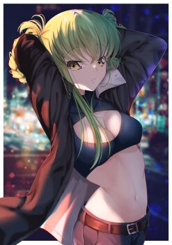 1girl absurdres arms_behind_head arms_up backlighting belt black_belt black_jacket black_shorts braid braided_hair_rings breasts budgiepon c.c. cleavage code_geass commentary cosplay cowboy_shot expressionless eyelashes eyes_visible_through_hair green_hair hair_between_eyes hair_over_breasts hair_rings highres jacket light_blush long_hair looking_at_viewer medium_breasts nanakusa_nazuna_(yofukashi_no_uta) nanakusa_nazuna_(yofukashi_no_uta)_(cosplay) navel open_clothes open_jacket parted_lips shorts solo standing stomach straight_hair very_long_hair yellow_eyes yofukashi_no_uta