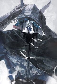 1boy 1girl 1other armor bird black_cape blindfold_mask blood blue_cape blue_surcoat cape commentary_request duchess_(elden_ring) elden_ring elden_ring_nightreign flock from_behind gloves headless helmet heolstor_the_nightlord mask ramiica404 scale_armor tree upper_body white_background winged_helmet wylder_(elden_ring)