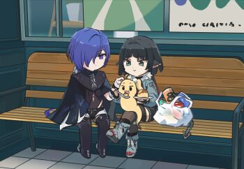 2girls animal_ears animalization bag black_boots black_cloak black_hair black_shorts blue_eyes blue_hair boots cissia_(zenless_zone_zero) cloak closed_mouth commentary eating feeding food fur-trimmed_jacket fur_trim grey_jacket grey_shoes hair_ornament hair_over_one_eye high-waist_shorts holding holding_plate holding_spoon jacket jane_doe_(zenless_zone_zero) long_hair looking_at_another mouse_ears mouse_girl mouse_tail multiple_girls on_bench open_mouth plate pom_pom_(clothes) pom_pom_hair_ornament promeia_(zenless_zone_zero) pudding purple_eyes sharp_tail shoes shopping_bag shorts single_leg_pantyhose single_thighhigh sitting smile spoon tail thigh_boots thighhighs untranslatable_commentary very_long_hair xinzoruo yellow_snake zenless_zone_zero