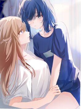 Rule 34 | 2girls, blue hair, blue shirt, braid, brown hair, closed mouth, commentary request, grey eyes, half up braid, highres, looking at another, medium hair, miyagi shiori, multiple girls, sendai hazuki, shirt, shuuniichido classmate wo kau hanashi, sitting, sitting on lap, sitting on person, smile, straddling, white shirt, xiodin153732, yuri