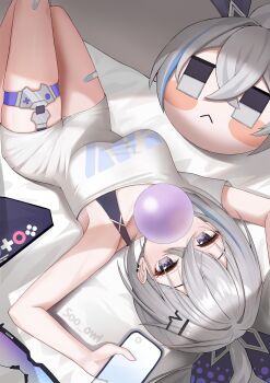 1girl absurdres arms_up blowing_bubble_gum breasts cellphone character_doll chewing_gum doll grey_eyes grey_hair highres holding holding_phone honkai:_star_rail honkai_(series) kebi_(soo_owl) knees_up looking_up lying medium_breasts on_back on_bed phone shirt silver_wolf_(honkai:_star_rail) single-shoulder_shirt smartphone solo unworn_eyewear upside-down white_shirt