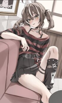 1girl :d absurdres ahoge belt black_belt black_choker black_leg_warmers black_panties black_skirt black_streaks black_sweater brown_eyes brown_hair choker commentary couch crotch_seam double-parted_bangs emo_fashion hair_between_eyes hair_ribbon highres hololive hololive_english indoors jewelry knee_up leg_warmers looking_at_viewer medium_hair miniskirt nanashi_mumei nanashi_mumei_(emo) necklace off-shoulder_sweater off_shoulder official_alternate_costume official_alternate_hairstyle on_couch open_mouth panties panty_peek pendant_choker pleated_skirt red_sweater ribbon scarlet_(wv0102) sidelocks sitting skirt smile solo striped_clothes striped_sweater sweater sweater_partially_tucked_in symbol-only_commentary thigh_strap torn_clothes torn_sweater twintails underwear virtual_youtuber white_streaks