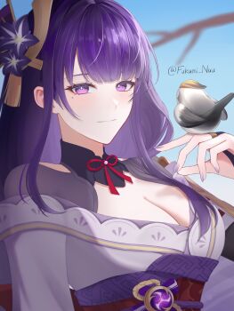 Rule 34 | 1girl, asymmetrical sleeves, bird, bird on hand, blue pupils, blue sky, blurry, branch, breasts, bridal gauntlets, cleavage, closed mouth, clothing cutout, commentary, depth of field, fukami nau, genshin impact, hair ornament, highres, large breasts, light smile, looking at viewer, looking to the side, mole, mole under eye, multicolored eyes, neck ribbon, off shoulder, outdoors, purple eyes, purple hair, raiden shogun, red ribbon, red sash, ribbon, sash, shade, shoulder cutout, sky, solo, uneven sleeves, upper body, wide sleeves