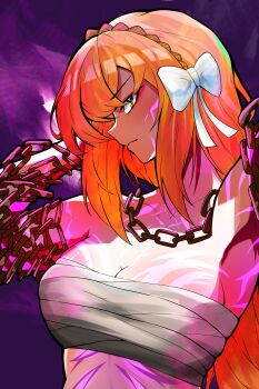 Rule 34 | 1girl, absurdres, arm tattoo, ayamiya, bow, breasts, brown hairband, chain, chain around arm, chain necklace, chest sarashi, chest tattoo, cleavage, commentary request, facial tattoo, green eyes, hair bow, hairband, highres, ishmael (project moon), jewelry, large breasts, limbus company, long hair, looking at viewer, middle (identity) (project moon), neck tattoo, necklace, orange hair, project moon, rope, sarashi, sidelocks, solo, tattoo, very long hair, white bow