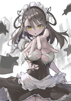 1girl apron black_skirt braid braided_hair_rings breasts brown_hair circle_skirt cleavage clothing_cutout commentary_request cowboy_shot dark_persona flower_knight_girl folded_braid frilled_apron frills hair_ornament hair_pulled_back hair_rings hairclip high-waist_skirt highres kintarou_(kintarou's_room) knife long_hair maid maid_headdress medium_breasts puffy_short_sleeves puffy_sleeves ribbed_shirt shirt short_sleeves skirt snowflake_(flower_knight_girl) solo straight-on throwing throwing_knife torn_clothes torn_shirt torn_skirt triangle_mouth underboob underboob_cutout underbust v-shaped_eyebrows weapon white_apron white_shirt yellow_eyes