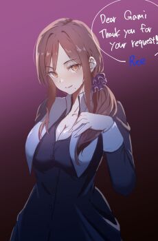 Rule 34 | 1girl, blush, breasts, brown eyes, brown hair, cleavage, hair ornament, hair scrunchie, hand on own chest, highres, large breasts, looking at viewer, mole, mole under mouth, noel (tsukihime), nun, partially unbuttoned, ree (pixiv 90498875), scrunchie, side ponytail, smile, tsukihime, tsukihime (remake), tunic, wavy hair, wing collar