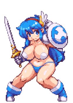 1girl animated animated_gif armor bikini bikini_bottom_only blue_eyes blue_hair boots bouncing_breasts breasts female_focus fighting_stance gloves hairband huge_breasts long_hair lowres matching_hair/eyes navel original pasties pixel_art sb_(coco1) shield solo swimsuit sword tecna_(yumura_kino) topless_female warrior weapon