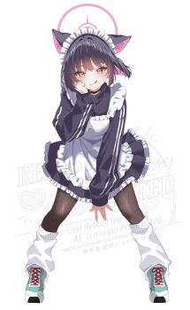 absurdres alternate_costume animal_ears apron aqua_shoes black_choker black_hair black_jacket black_pantyhose black_skirt blue_archive blush cat_ears cat_girl choker closed_mouth colored_inner_animal_ears colored_inner_hair commentary_request halo highres jacket kazama_gorou kazusa_(blue_archive) leaning_forward leg_warmers looking_at_viewer maid_apron maid_headdress multicolored_hair pantyhose pink_hair pink_halo red_eyes shoes short_hair skirt sleeves_past_wrists smile sneakers tongue tongue_out two-tone_hair white_leg_warmers