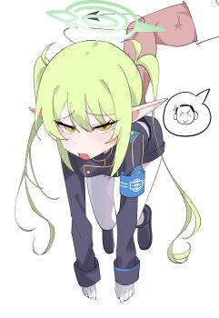 1girl armband belt blue_archive blue_armband blush demon_tail doodle_sensei_(blue_archive) fang gloves green_hair halo held_up highres looking_at_viewer mesugaki nozomi_(blue_archive) open_mouth pantyhose pointy_ears sensei_(blue_archive) simple_background tail train_conductor white_background white_gloves white_pantyhose yellow_eyes zhugul0804