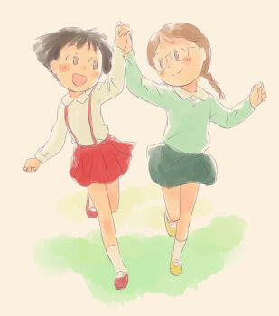 2girls black_eyes black_hair blush blush_stickers braid brown_eyes brown_hair chibi_maruko-chan glasses grass green_skirt green_sweater grey_background holding_hands honami_tamae long_hair long_sleeves looking_at_another multiple_girls open_mouth red_shoes red_skirt running sakura_momoko school_uniform shirt shoes short_hair skirt smile socks suspender_skirt suspenders sweater twin_braids uwabaki white_shirt white_socks yamanokonza yellow_shoes