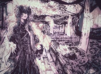 1boy animal architecture cat chinese_clothes chinese_commentary cloak clothed_animal commentary_request crossed_bangs east_asian_architecture expressionless feet_out_of_frame flower hair_between_eyes hair_flower hair_ornament hand_on_own_chest hanfu highres hood hood_up hooded_cloak infinity_nikki lantern long_hair long_sleeves looking_at_viewer male_focus momo_(nikki) monochrome multicolored_hair nikki_(series) offering_hand official_alternate_costume outdoors paper_lantern parted_lips purple_theme shijimowangling split-color_hair tan_youyou_(infinity_nikki) tanzaku tassel tree two-tone_hair very_long_hair wide_sleeves wooden_floor