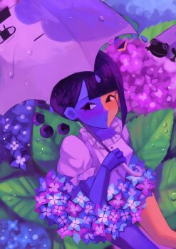 1girl asymmetrical_hair black_eyes black_hair blue_skin blunt_bangs brick_frog colored_skin ena_(ena) ena_(series) ena_(species) ena_(web_series) floating_head flower frog highres holding holding_umbrella leaf low_poly moony_(ena) multicolored_skin puffy_short_sleeves puffy_sleeves sad_ena shirt short_sleeves skirt split-color_skin tears two-tone_skin umbrella usagimarumei yellow_skin