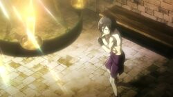 1girl abs animated anime_screenshot armpits audible_music black_hair breasts collarbone exercising female_focus fingerless_gloves gloves grey_eyes hair_over_eyes indoors light_rays medium_breasts midriff mikasa_ackerman muscular muscular_female purple_shorts shaded_face shadow_boxing shingeki_no_kyojin short_hair shorts sit-up solo sound sports_bra stirrup_legwear toeless_legwear toes video white_sports_bra