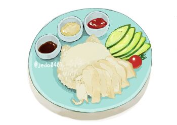 cat cherry_tomato chicken_(food) commentary_request cucumber cucumber_slice food food_focus hainanese_chicken_rice hakuchizu no_humans original plate rice soy_sauce tomato undersized_animal white_cat