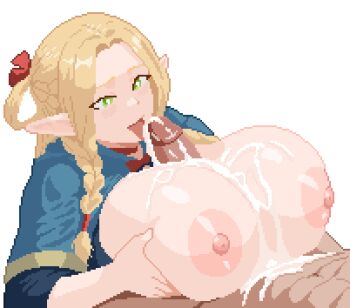 1boy 1girl blonde_hair breasts cum cum_on_body cum_on_breasts cum_on_upper_body cumdrip dungeon_meshi elf fellatio green_eyes hikuri_miku huge_breasts large_areolae licking licking_penis marcille_donato oral paizuri penis pixel_art pointy_ears simple_background tongue