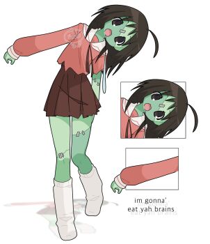 Rule 34 | 1girl, ahoge, artist logo, asymmetrical sleeves, azumanga daioh's school uniform, azumanga daiou, brown eyes, brown hair, colored skin, commentary, drooling, english commentary, english text, full body, green skin, highres, kasuga ayumu, leaning to the side, logo, long hair, long sleeves, looking at viewer, neck ribbon, no shoes, open mouth, outstretched arm, patchwork skin, pleated skirt, ribbon, school uniform, serafuku, skirt, smile, socks, standing, standing on one leg, stitched face, stitches, thea (w alladoo), torn clothes, watermark, zombie