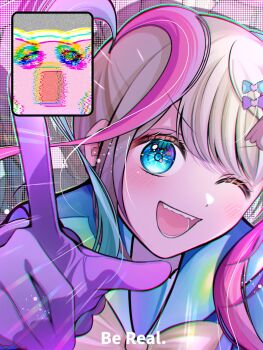 1girl 1other ;d blonde_hair blue_eyes blue_hair blue_sailor_collar blunt_bangs bow caption chest_bow chouzetsusaikawa_tenshi-chan chromatic_aberration colored_tips english_text gloves hair_bow hand_up head_tilt heavy_chromatic_aberration highres lens_flare looking_at_viewer multicolored_hair multiple_hair_bows needy_girl_overdose one_eye_closed open_mouth pien_cat_(needy_girl_overdose) pink_hair purple_gloves quad_tails sailor_collar smile solo_focus sparkling_eyes tamiya_(1_2eedy_cat) upper_body