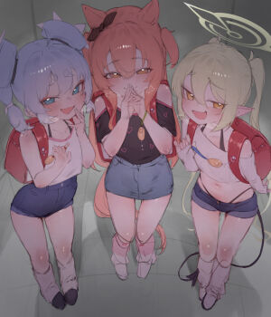 3girls animal_ears backpack bag bare_shoulders black_tail blue_archive blue_eyes blue_hair blue_shorts blush closed_mouth crime_prevention_buzzer crop_top demon_girl demon_tail denim denim_shorts denim_skirt green_eyes green_hair green_halo grey_skirt halo heart heart-shaped_pupils heart_in_eye high-waist_shorts highleg highleg_panties horse_ears horse_girl horse_tail hoshitani_mio loli long_hair looking_at_viewer mayano_top_gun_(umamusume) mesugaki midriff multiple_girls naughty_face navel nozomi_(blue_archive) open_mouth orange_eyes orange_hair panties pointy_ears randoseru red_bag shirt short_shorts shorts skirt smile socks standing stomach symbol-shaped_pupils symbol_in_eye tail thighs thong trait_connection twintails two_side_up umamusume underwear voice_actor_connection white_shirt white_socks wuthering_waves xaea_xp youhu_(wuthering_waves)